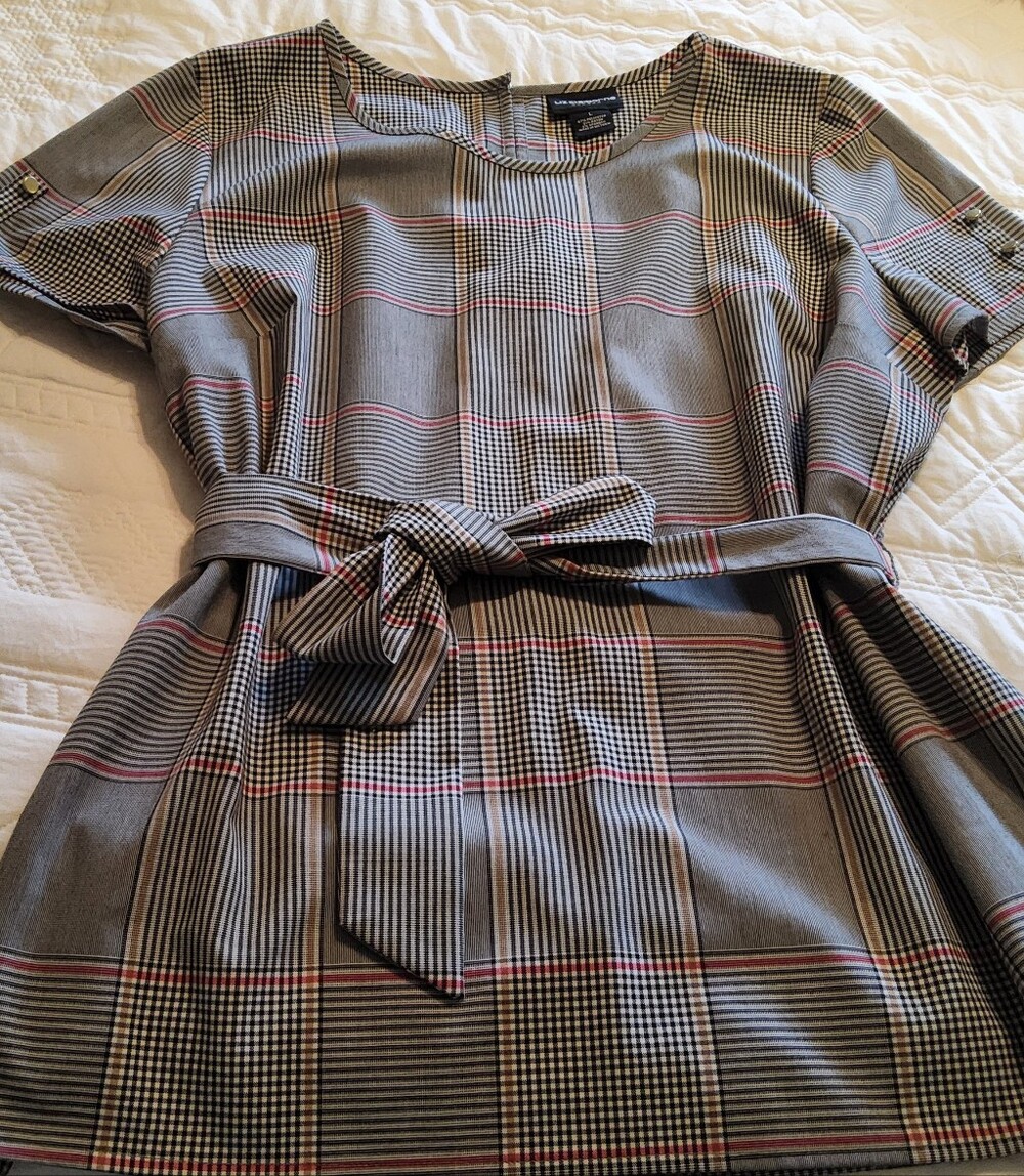 Liz Claiborne Gray Plaid Midi Blouse with Red Stripe